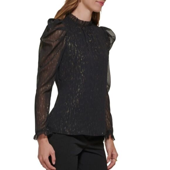 DKNY Long Sleeve Ruffle Black & Gold Blouse size Large w keyhole button closure - Picture 1 of 11